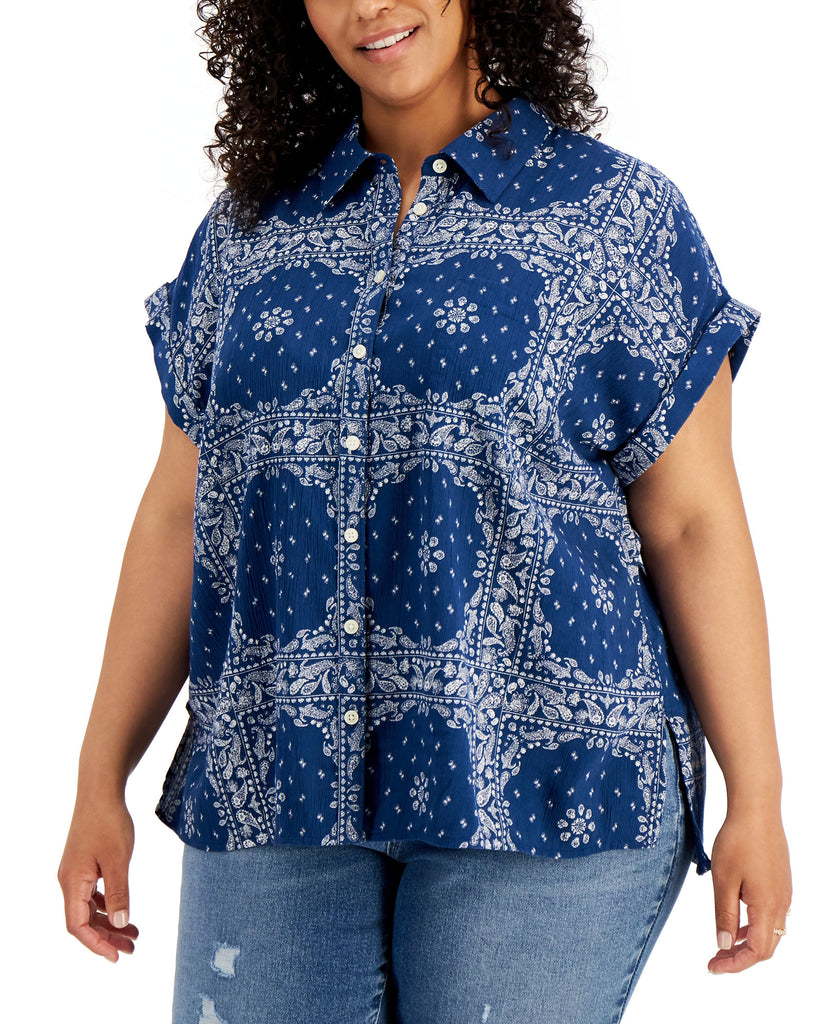 Style & Co Women Plus Cotton Printed Camp Shirt, Created for Macys Navy Peony