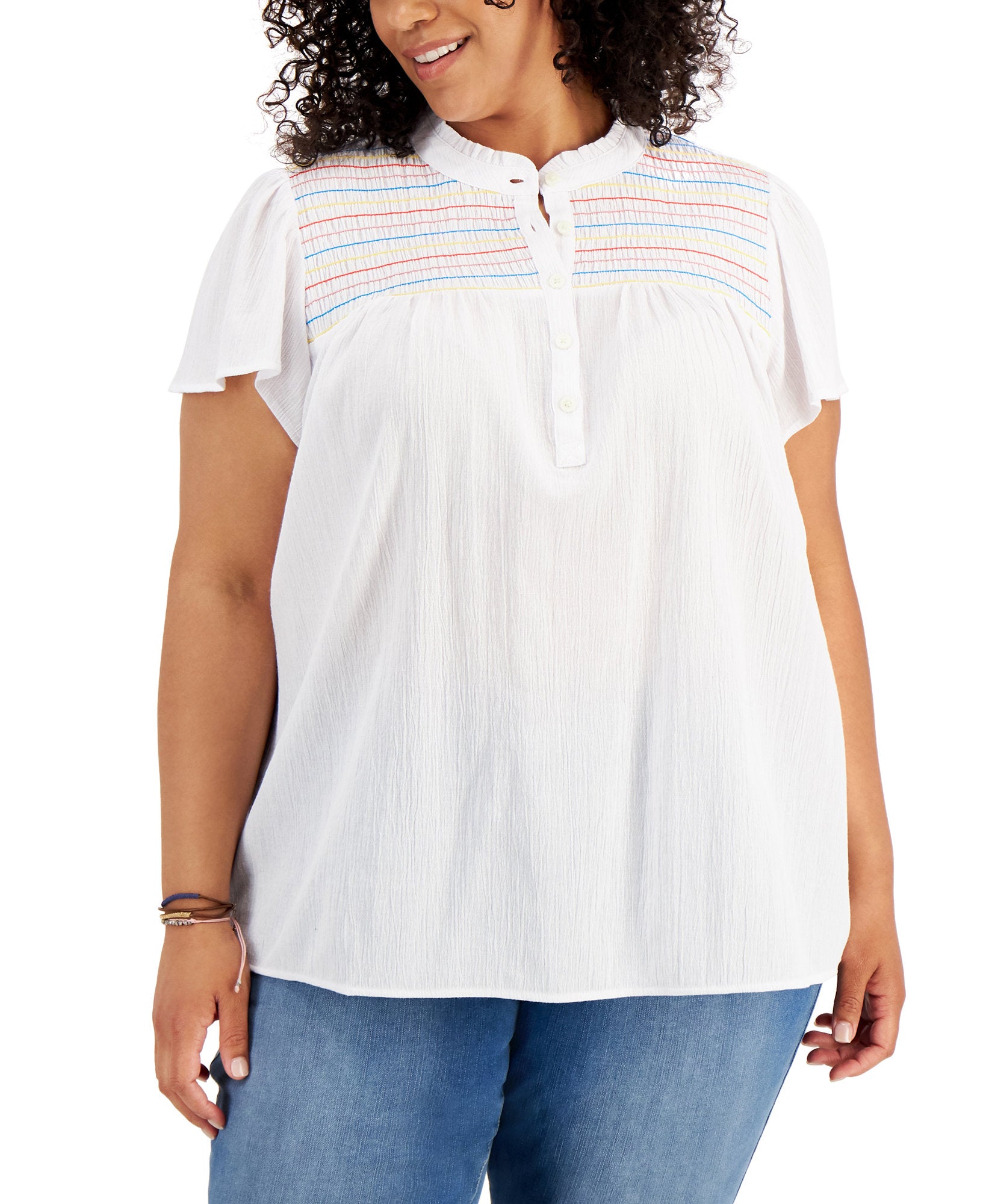 Style & Co Women Plus Cotton Smocked Top Bright White