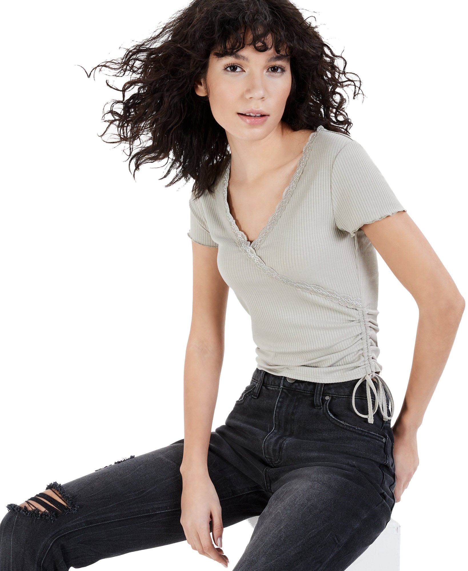Crave Fame Women Ribbed Lace Trim Top Sage