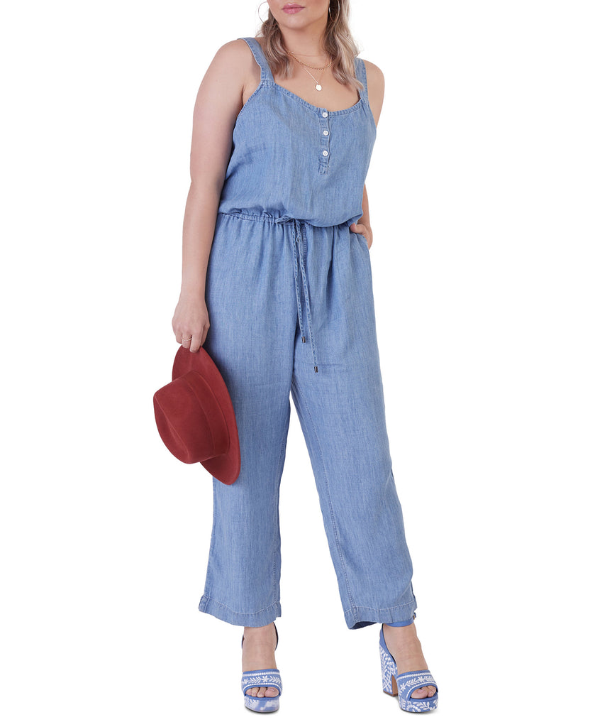 Black Tape Women Plus Button Front Drawstring Jumpsuit Medium Blue Wash