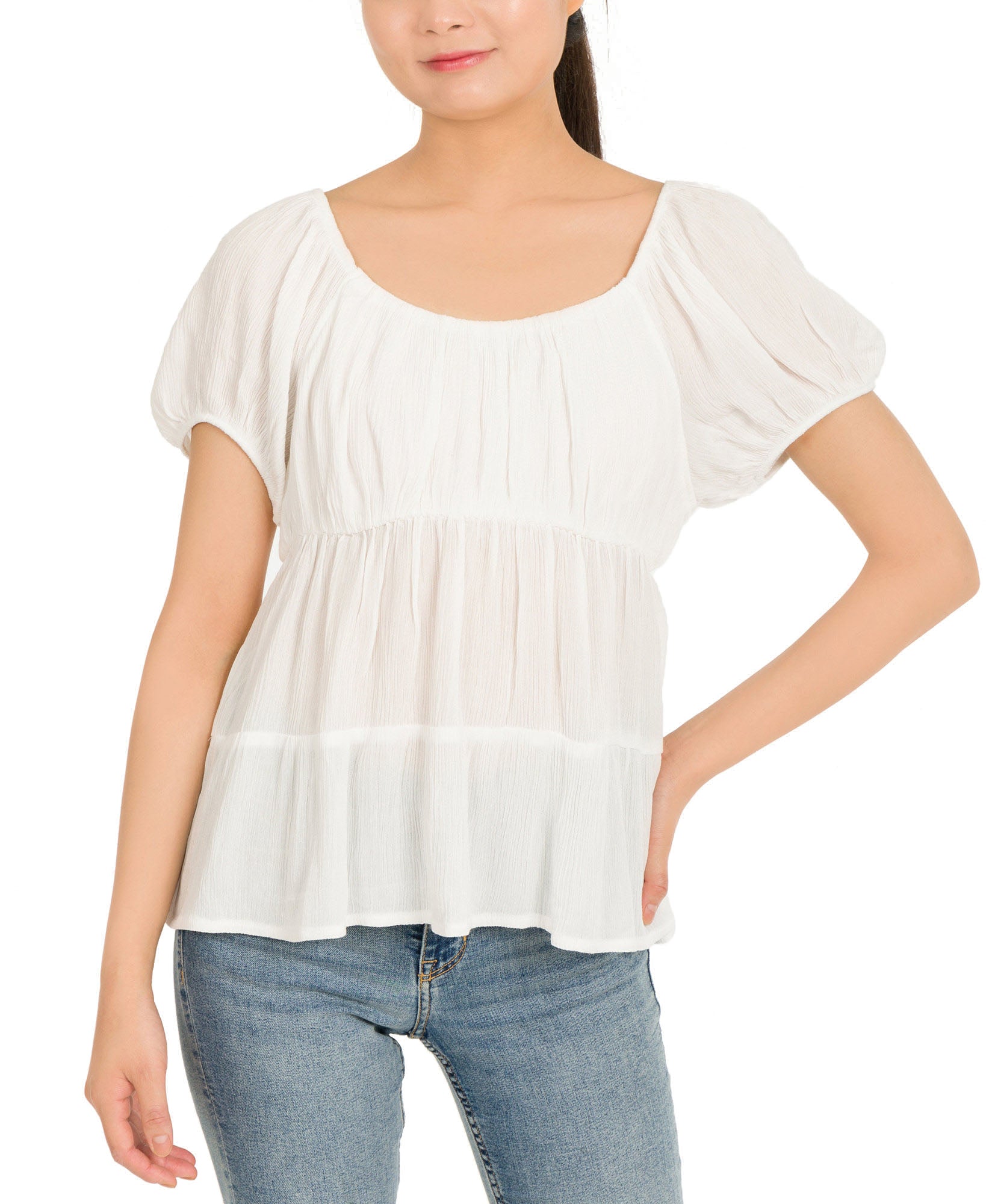 Hippie Rose Women Puff Sleeve Tiered Top Ivory