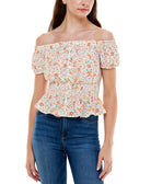 Ultra Flirt Women Printed Off The Shoulder Peplum Blouse Garden White