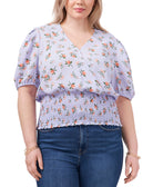 1.STATE Women Plus Smocked Waist Printed Top Floral Twilight Sky