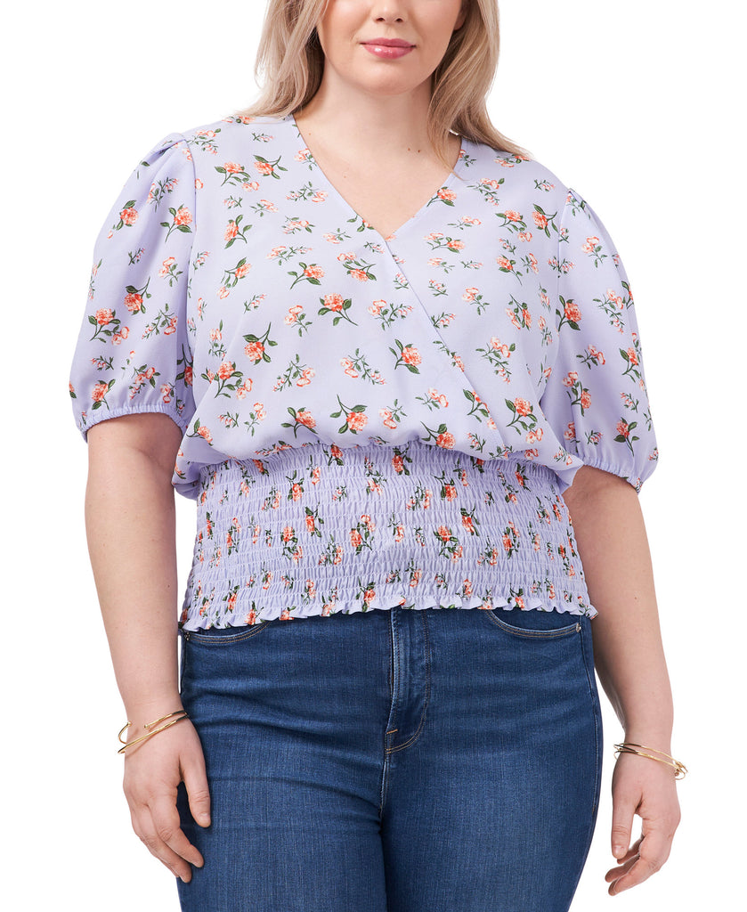 1.STATE Women Plus Smocked Waist Printed Top Floral Twilight Sky