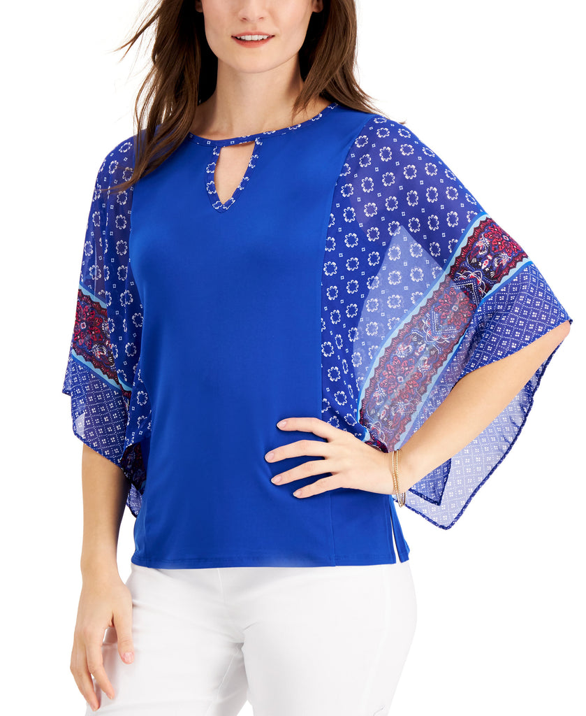 JM Collection Women Petite Mixed Print Top Intrepid Blue Combo