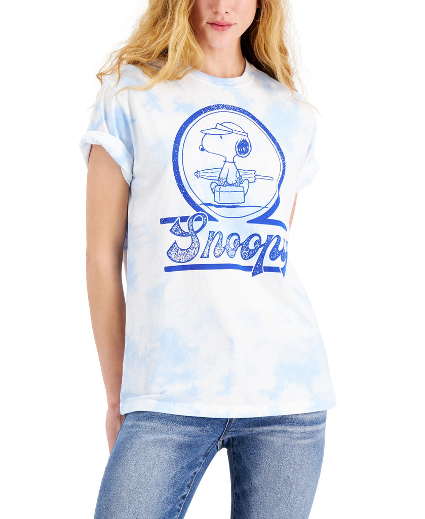 Mad Engine Women Snoopy Beach Day Graphic Print T Shirt Blue White Tie Dye