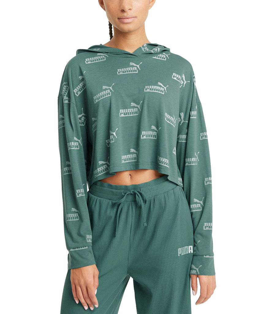 Puma Women Amplified Logo Print Cropped Hoodie Blue Spruce