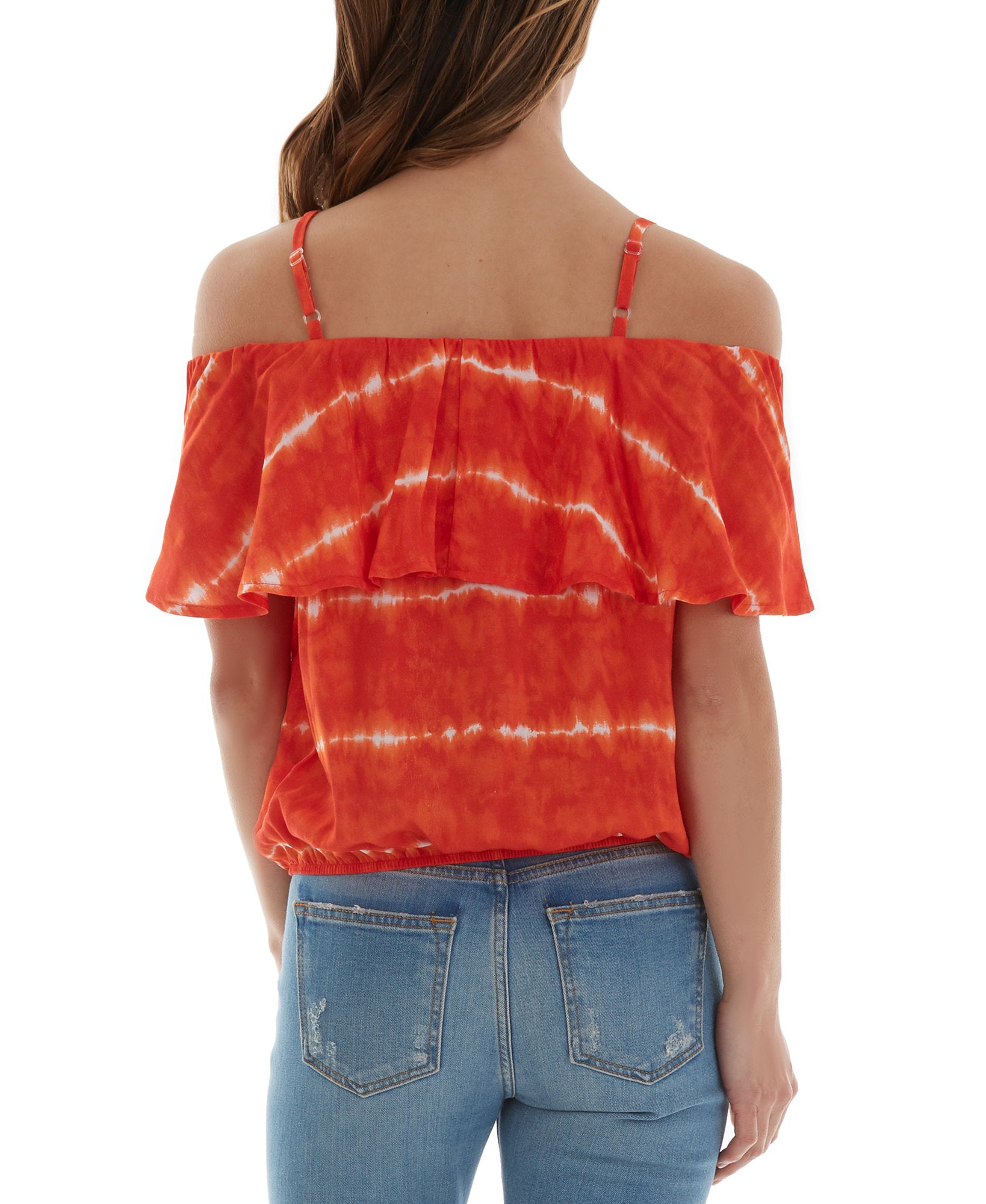 BCX Juniors Printed Off The Shoulder Ruffle Trim Top