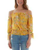 BCX Women Floral Print Off The Shoulder Tie Sleeve Smocked Hem Top Mango Floral