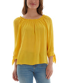BCX Women Ruffled Neck Tie Cuff Textured Top Mango