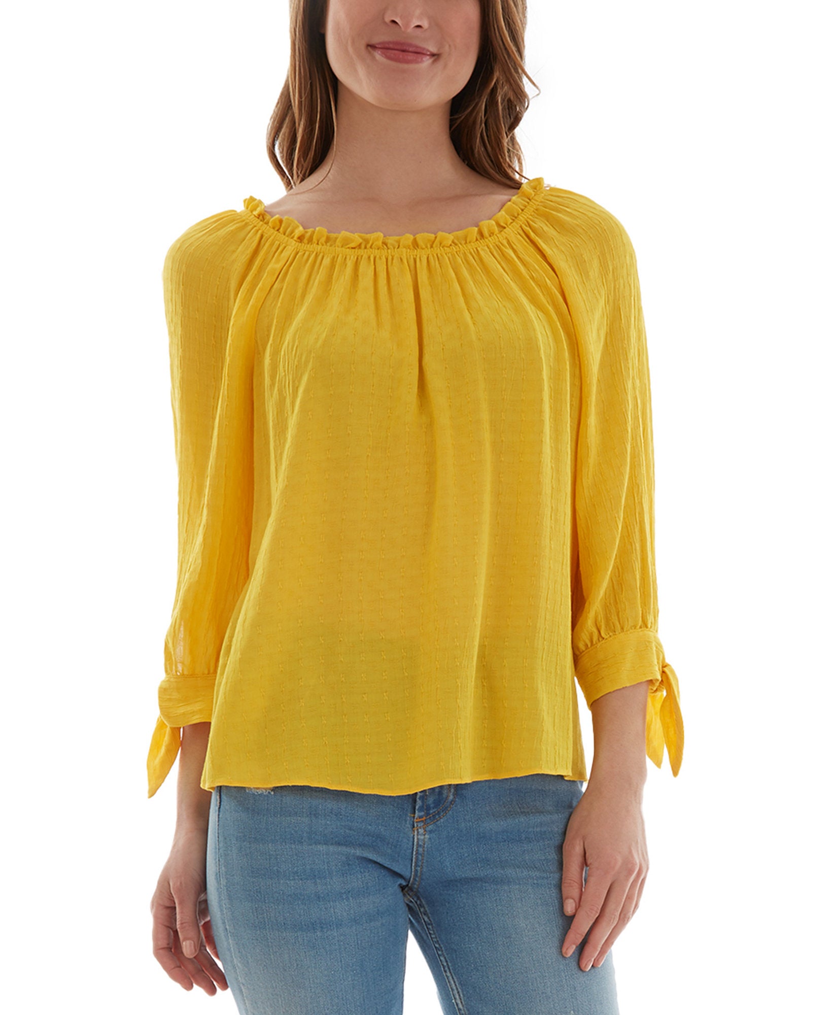 BCX Women Ruffled Neck Tie Cuff Textured Top Mango
