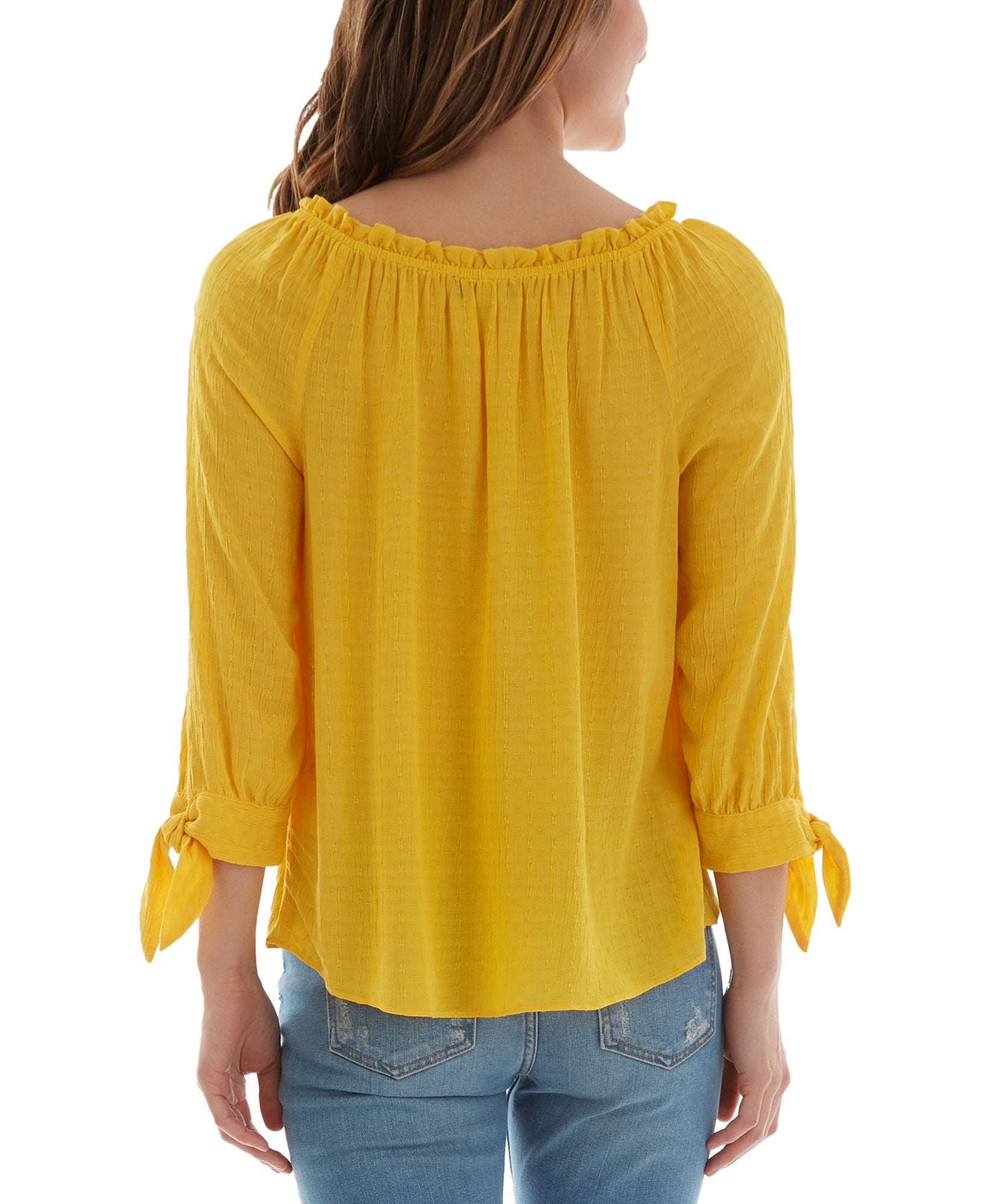 BCX Women Ruffled Neck Tie Cuff Textured Top