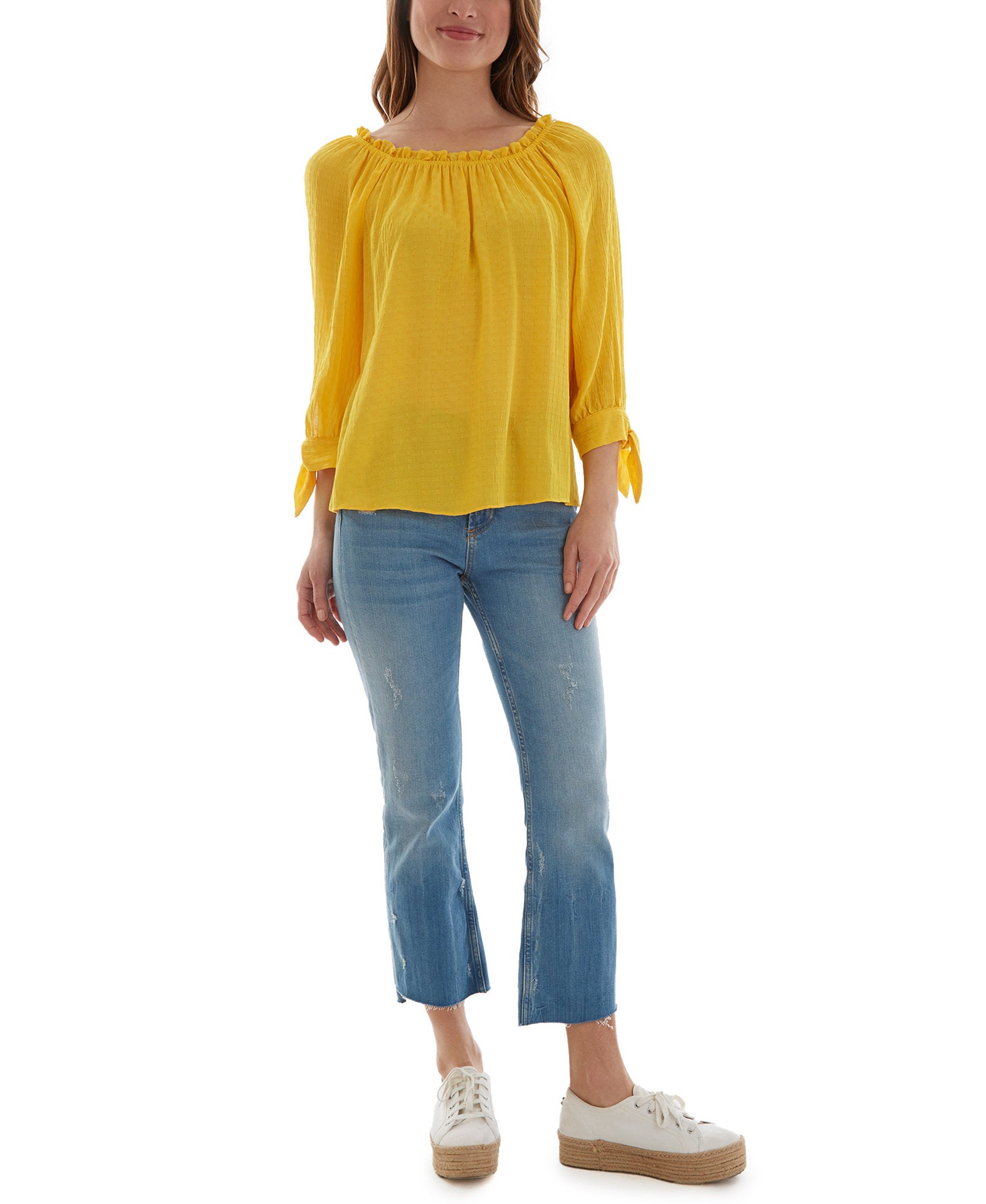 BCX Women Ruffled Neck Tie Cuff Textured Top