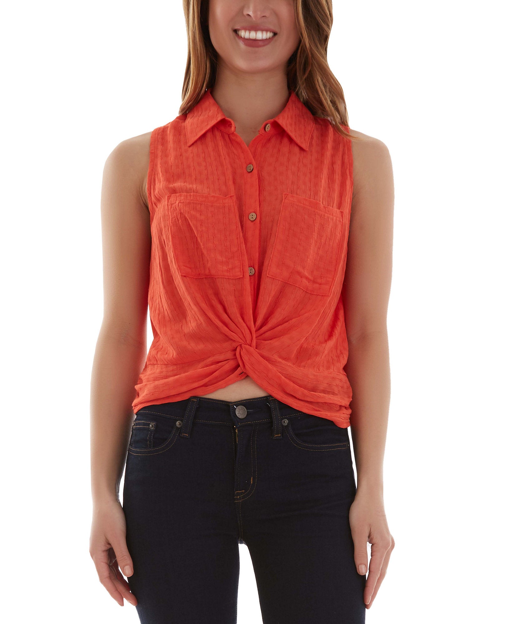 BCX Women Button Down Twist Front Textured Top Orange