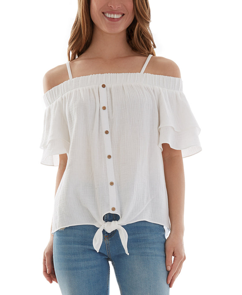 BCX Women Cotton Off The Shoulder Ruffle Sleeve Top Off White