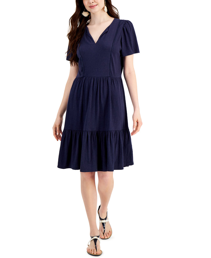 Charter Club Women Split Neck Pom Pom Trim Dress Intrepid Blue