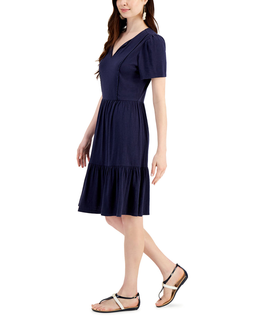 Charter Club Women Split Neck Pom Pom Trim Dress