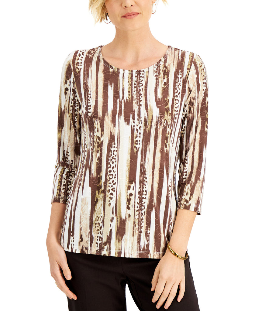 JM-Collection-Women-Petite-Jacquard-3-4-Sleeve-Top-Stone-Combo