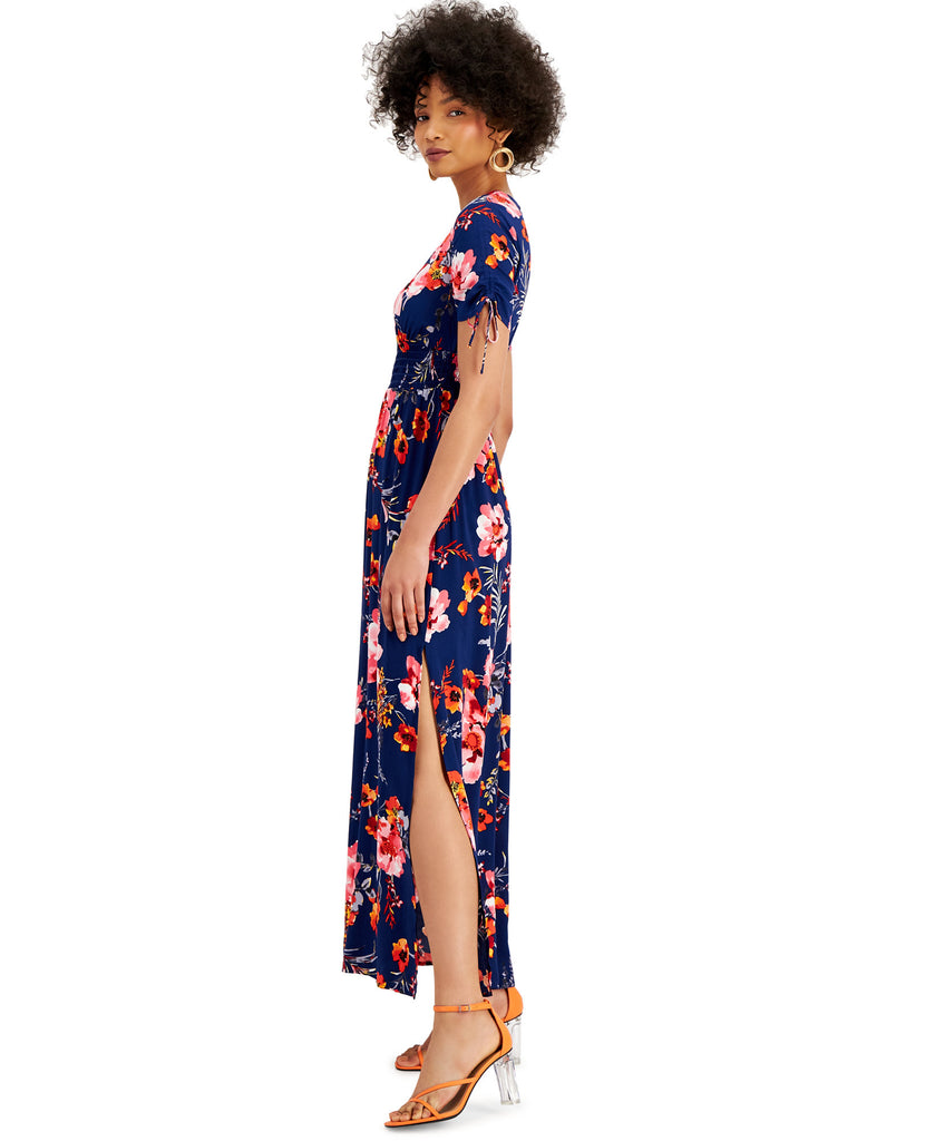 Bar III Women Floral Print V Neck Smocked Waist Maxi Dress Natasha Floral