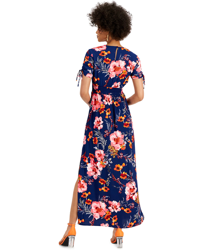 Bar III Women Floral Print V Neck Smocked Waist Maxi Dress