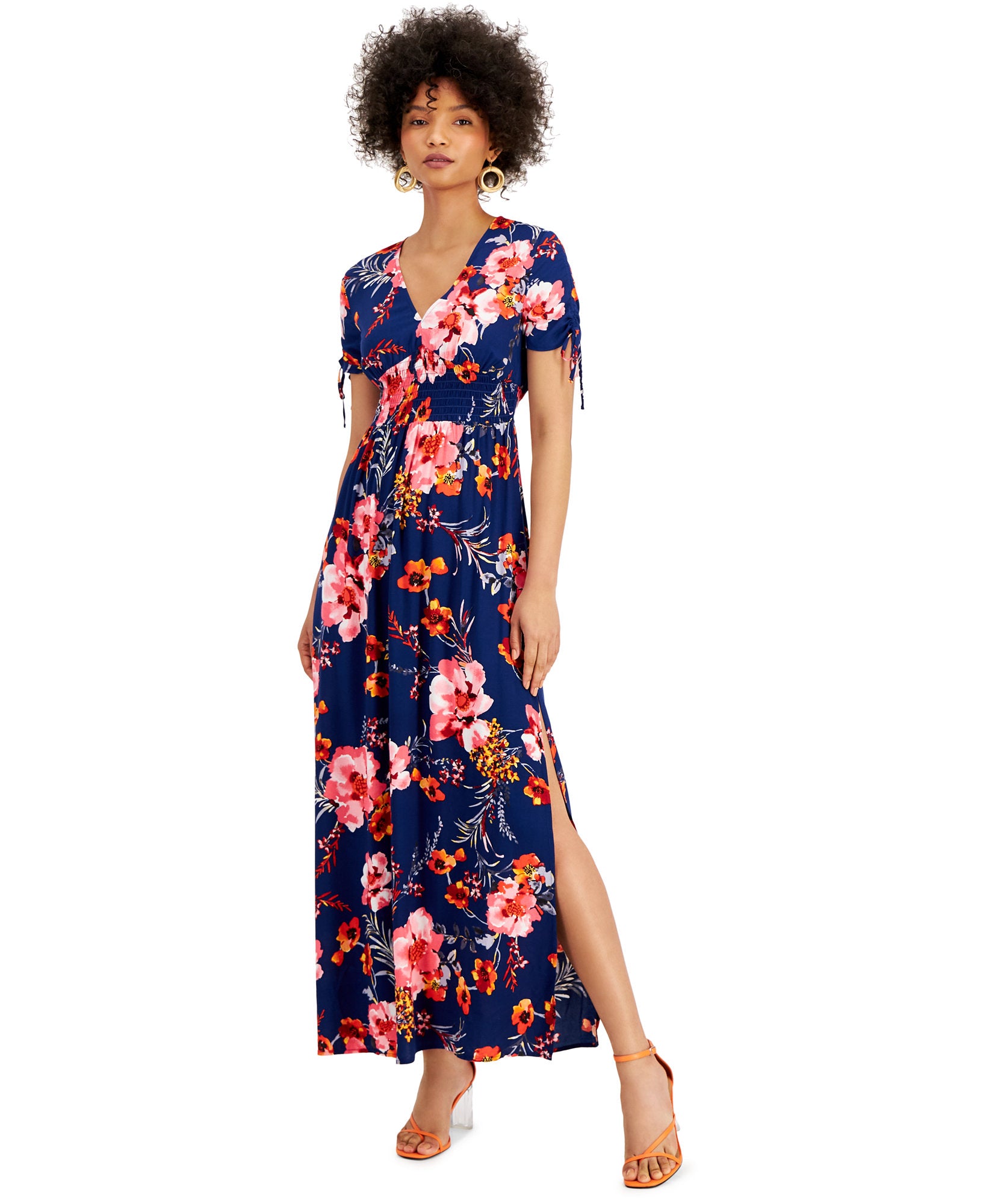 Bar III Women Floral Print V Neck Smocked Waist Maxi Dress