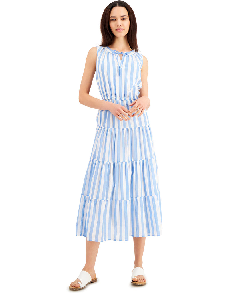 Style & Co Women Petite Cotton Striped Tiered Maxi Dress Antique Blue