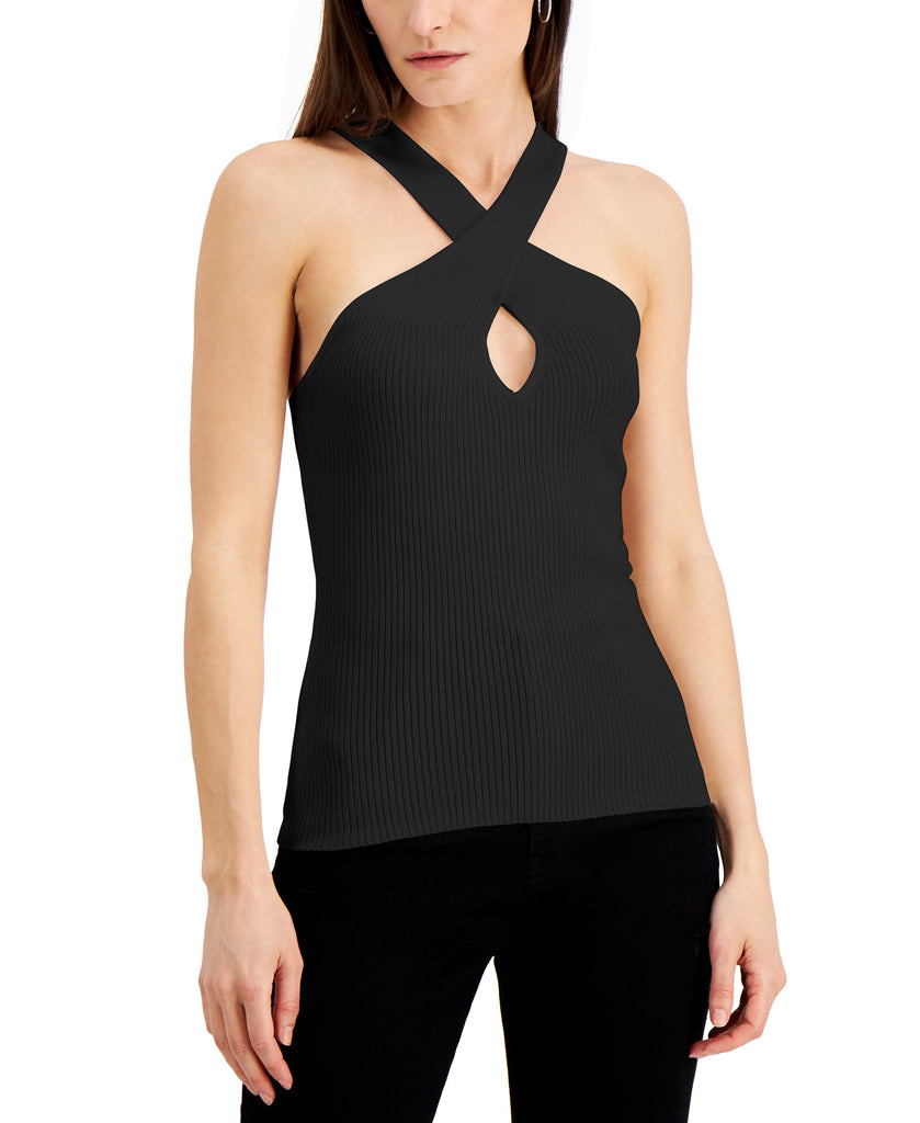 INC International Concepts Women Ribbed Halter Top Deep Black