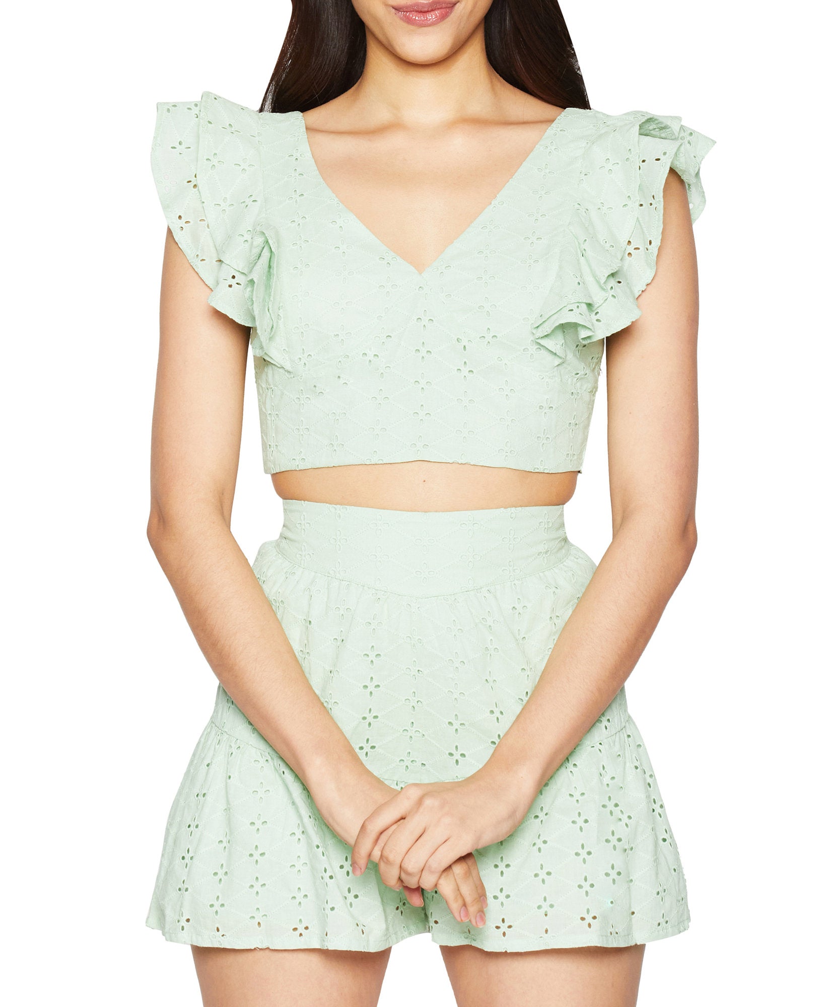 BCBGeneration Women Ruffle Sleeve Cotton Eyelet Top Mint