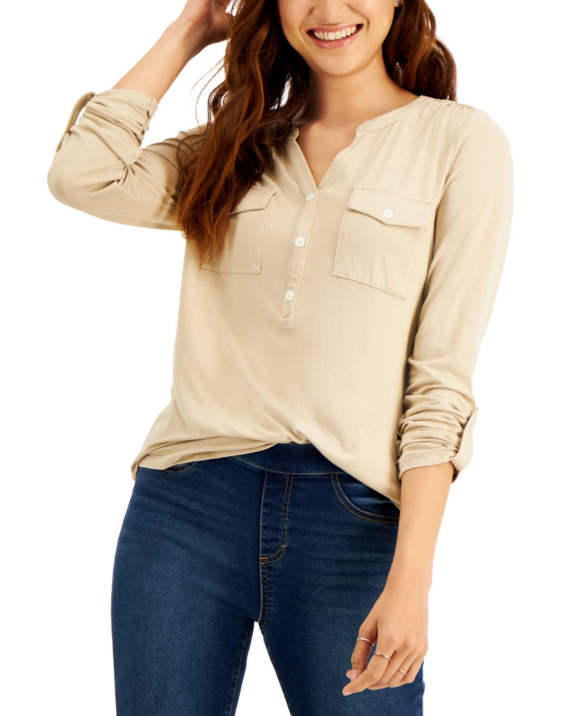 Style & Co Women Split Neck Roll Tab Sleeve Top Safari