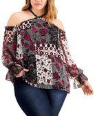 INC International Concepts Women Plus Patchwork Cold Shoulder Top Nomad Mix