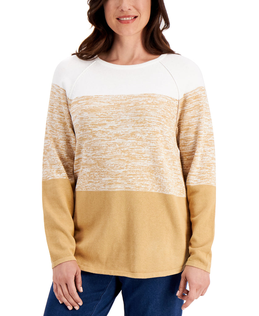 Karen Scott Women Cassie Cotton Colorblocked Curved Hem Sweater Icy Coffee Combo