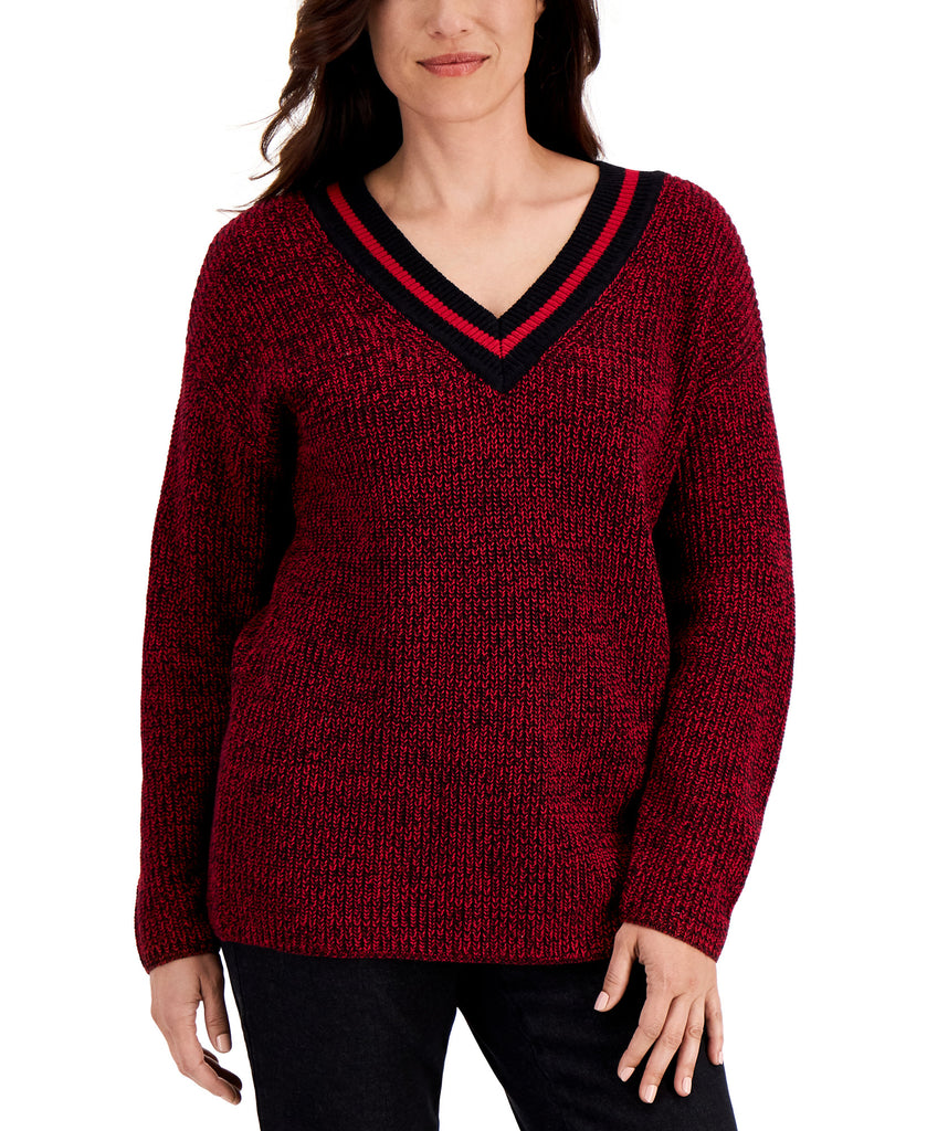 Karen Scott Women Contrast Varsity Striped V Neck Sweater New Red Amore Combo