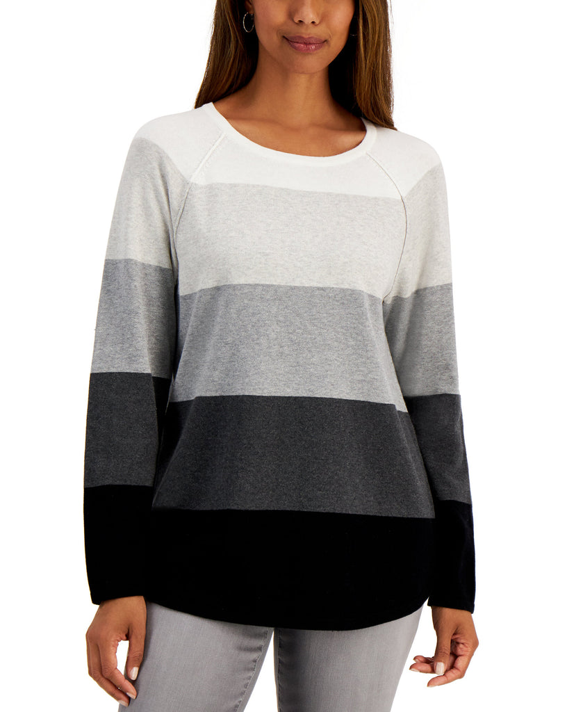 Karen Scott Women Taylor Cotton Colorblocked Sweater Deep Black Combo