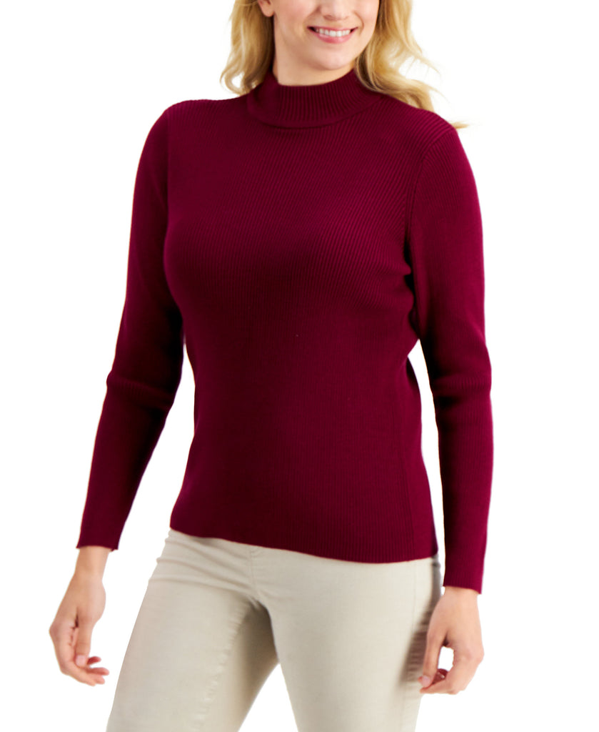 Karen Scott Women Cotton Solid Rib Mock Neck Sweater Merlot