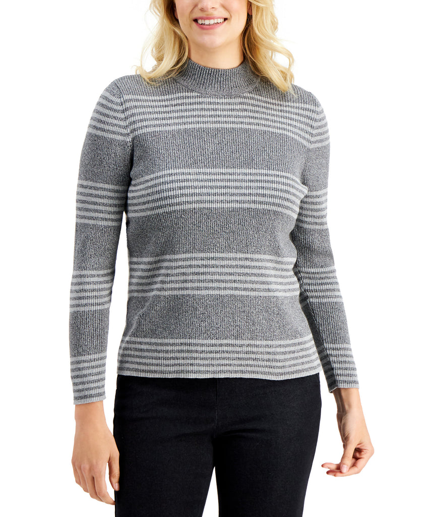 Karen Scott Women Claire Cotton Striped Ribbed Mock Neck Sweater Smoke Grey Heather