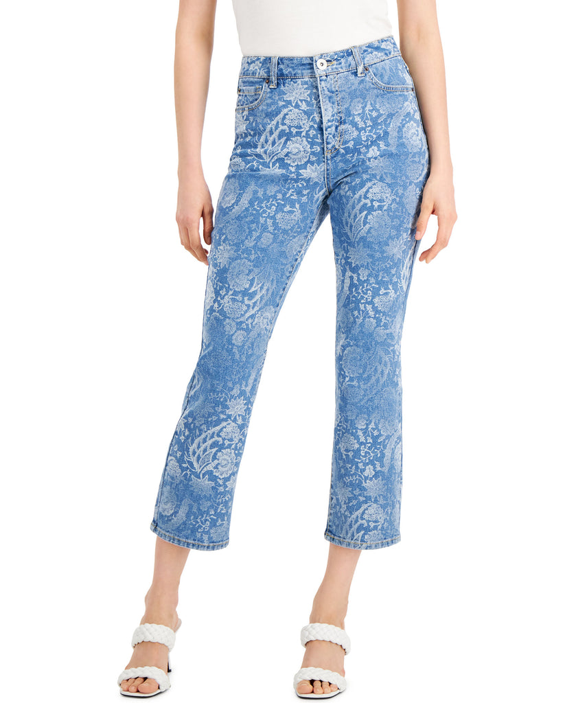 INC International Concepts Women High Rise Printed Cropped Straight Leg Jeans Light Indigo