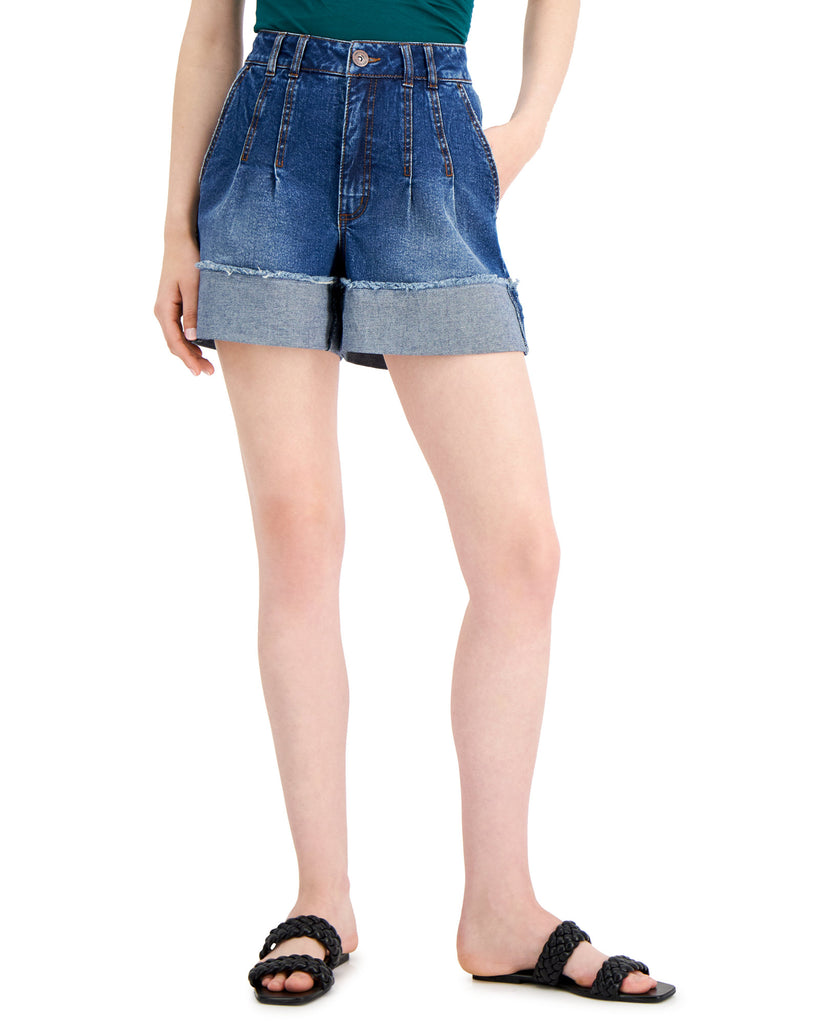 INC International Concepts Women High Rise Pleated Cuffed Jean Shorts Dark Indigo