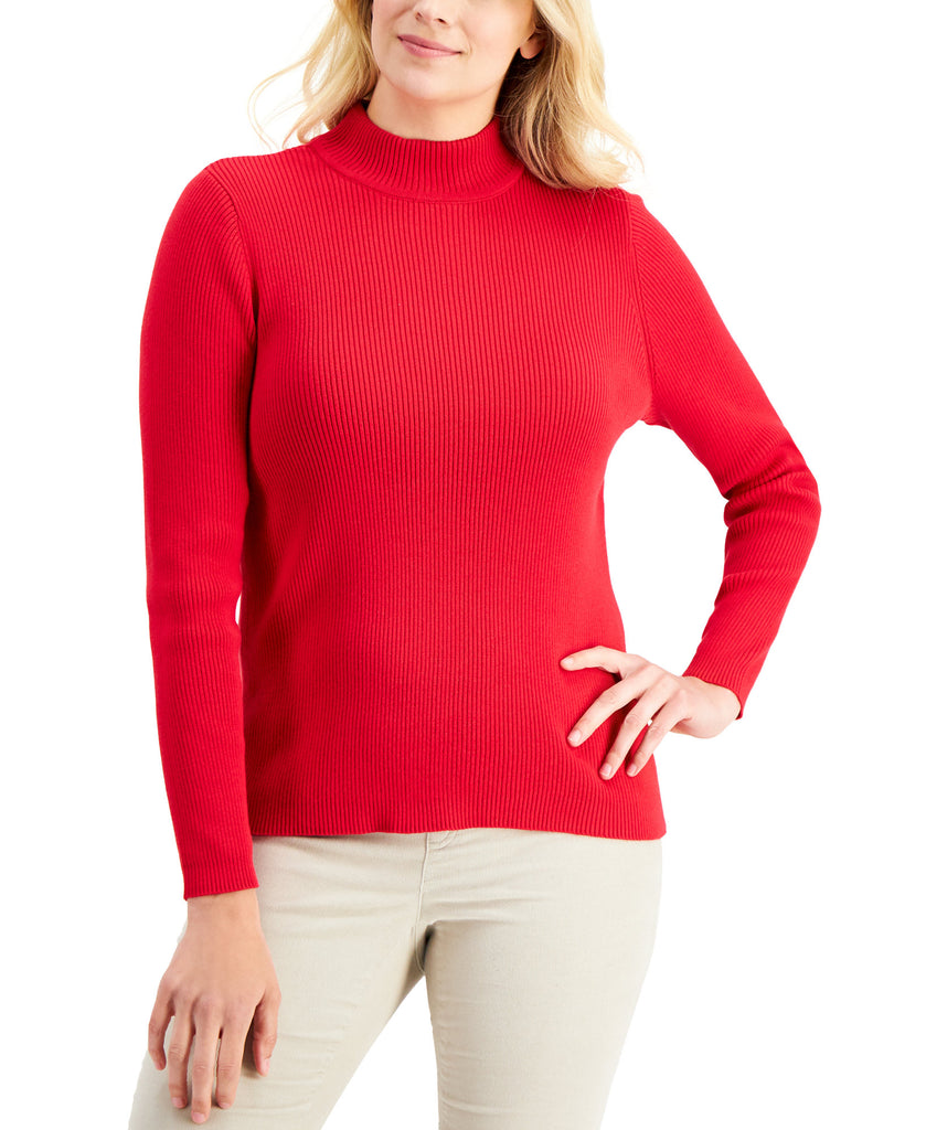 Karen Scott Women Cotton Solid Rib Mock Neck Sweater New Red Amore