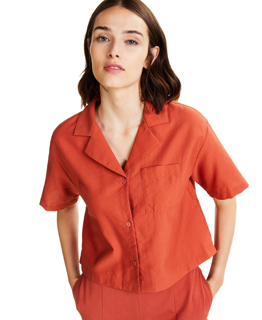 Alfani Women Solid Button Down Notched Collar Cropped Shirt Cedar Chest