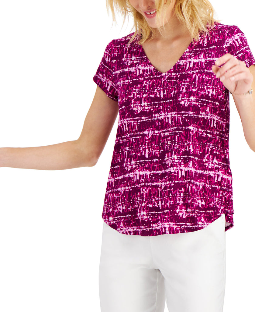 Alfani Women Printed V Neck T Shirt Pink Delicate Dye