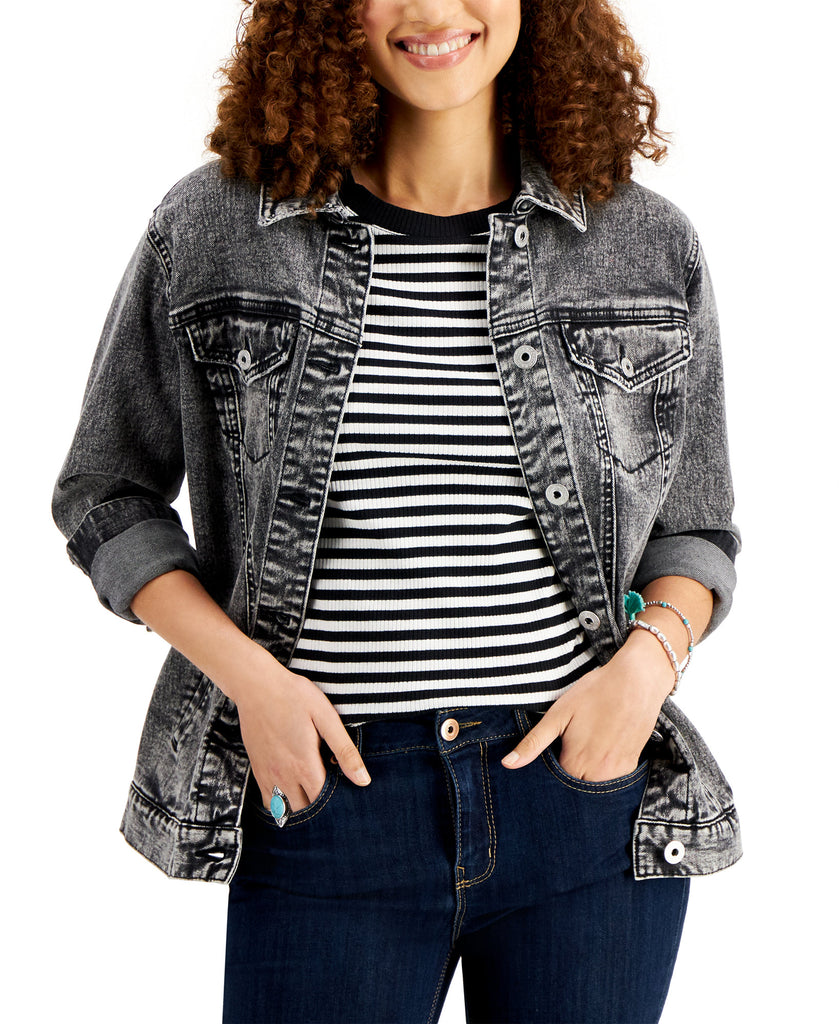 Style & Co Women Denim Trucker Jacket Grey Acid Wash