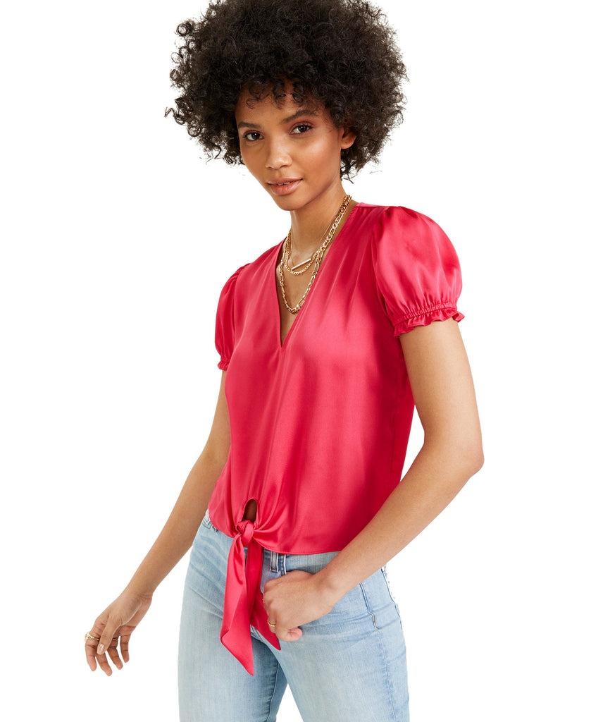 Bar III Women Puff Sleeve Tie Front Top Flamenco Pink