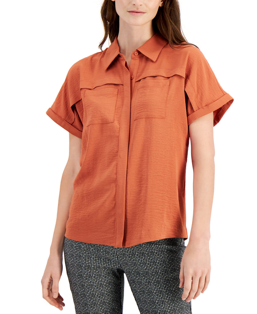 Alfani Women Button Front Short Sleeve Top Cedar Chest