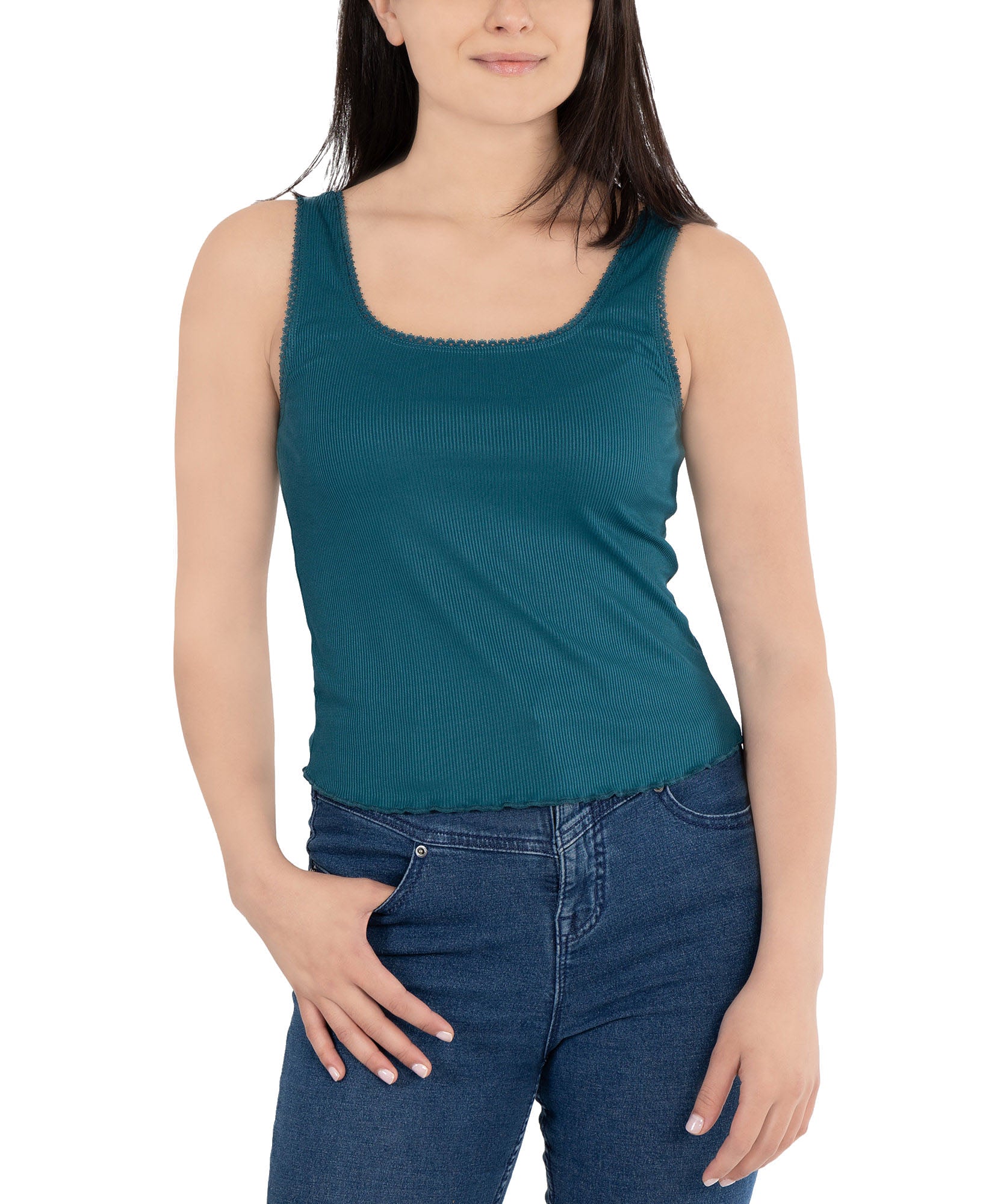 Hippie Rose Women Square Neck Lace Trim Top Dark Teal
