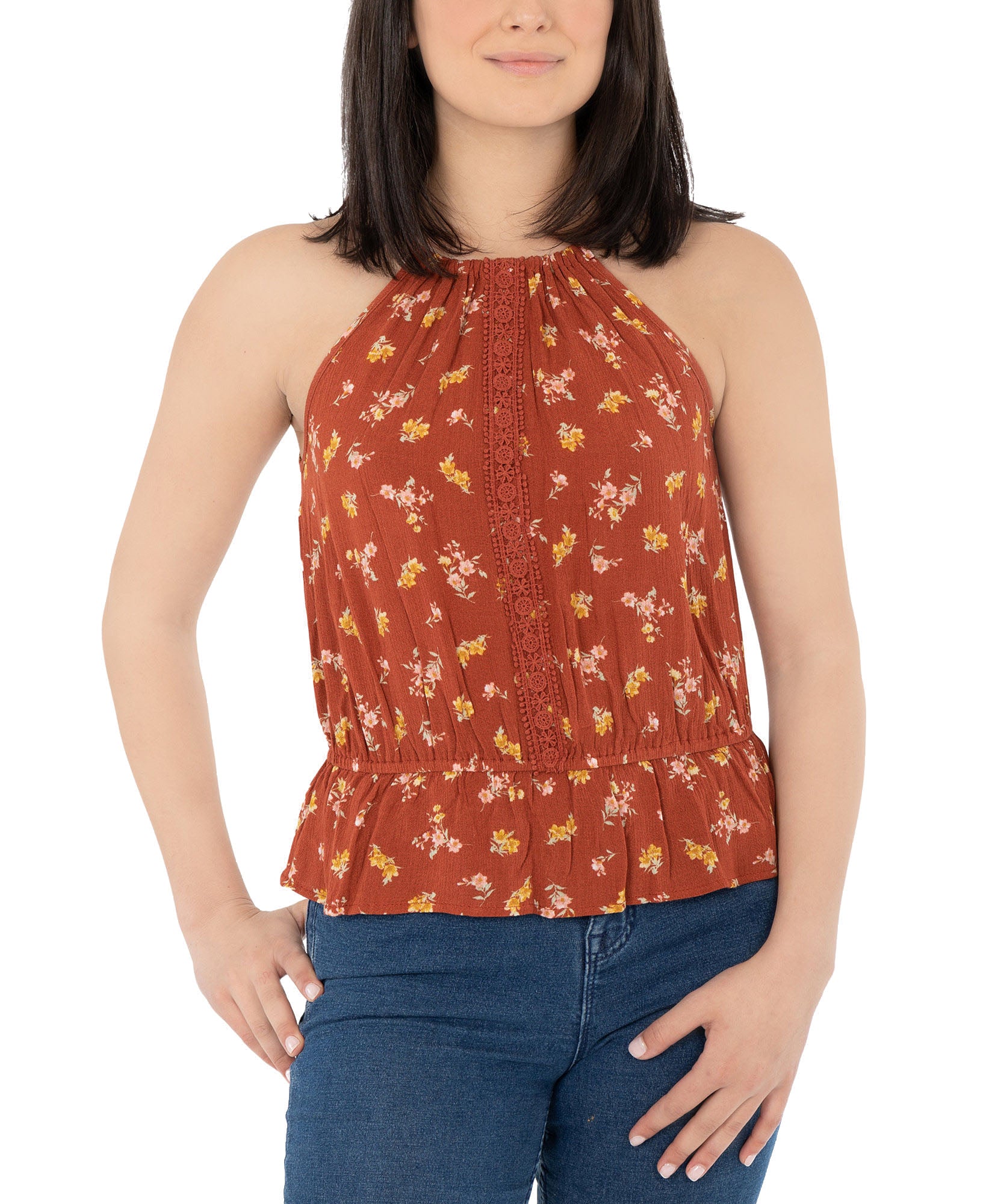 Hippie Rose Women Peplum Hem Textured Top Red Ditsy