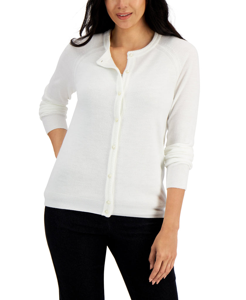 Karen Scott Women Pearlized Button Cardigan Luxsoft White