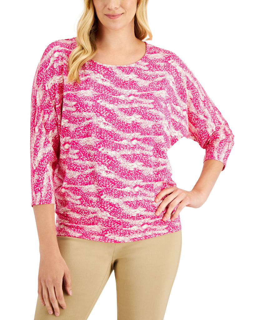 JM Collection Women Petite Printed 3 4 Sleeve Top Pink Pea Combo