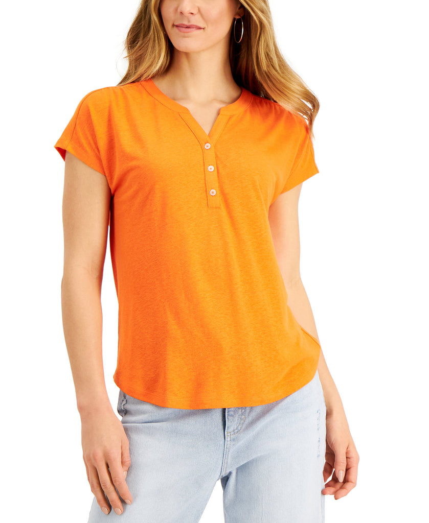 Style & Co Women Dolman Sleeve Henley Linen Blend Top Wild Orange