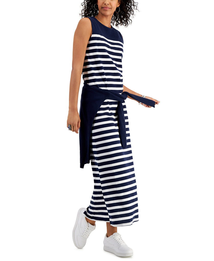 Style & Co Women Cotton Striped Sleeveless Dress Industiral Blue Combo