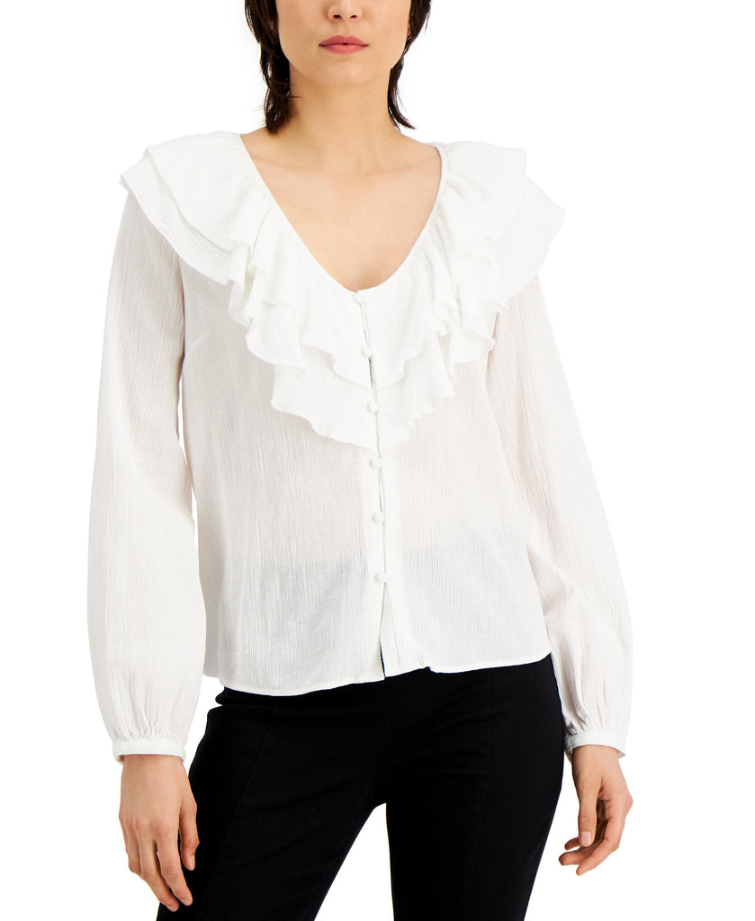 INC International Concepts Women Double Ruffle Blouse Bright White